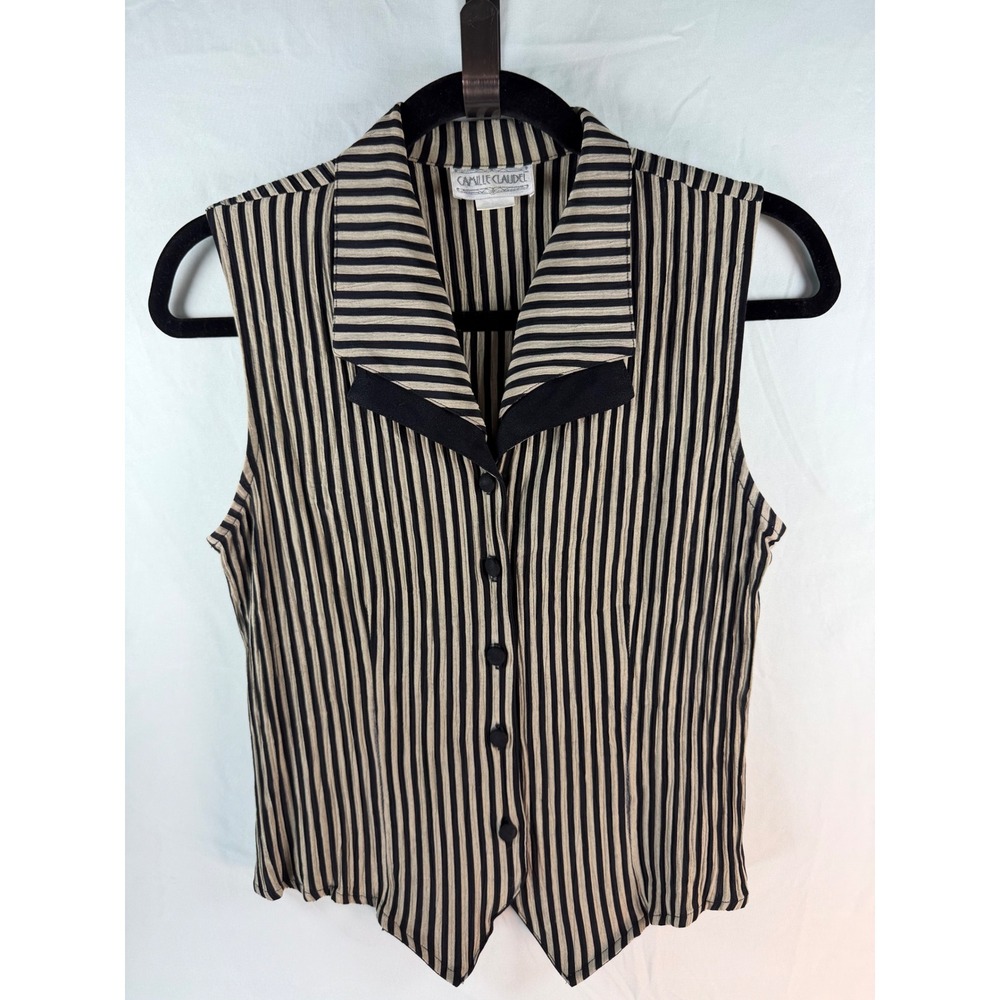 Camille Claudel Vintage Striped Sleeveless Button Down Blouse Tan Black Medium